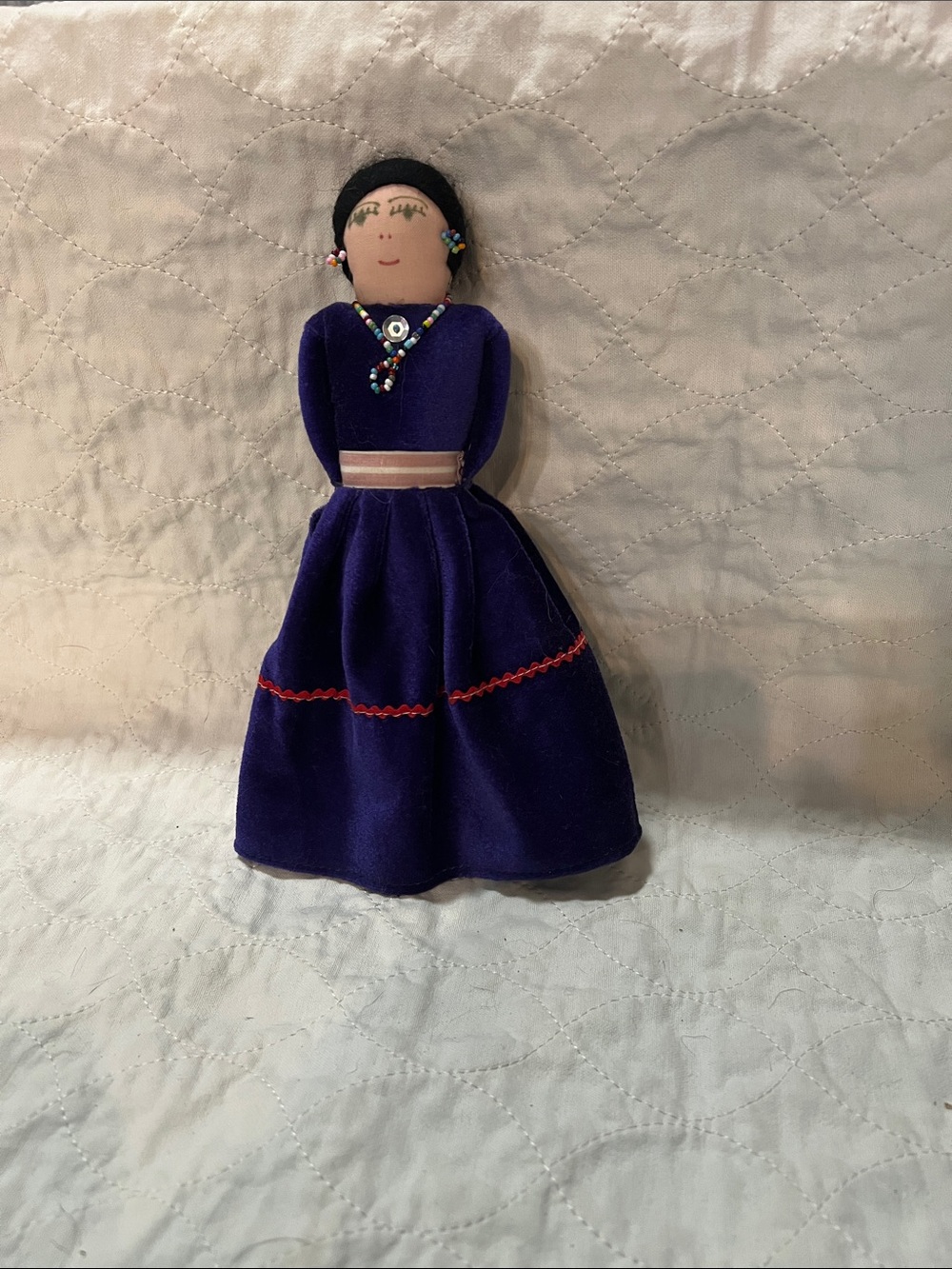 Handmade Purple Fabric Doll with Beaded Jewelry